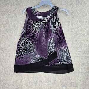 Dressbarn Womens Animal Print Purple Sleeveless Top With Glittery Details
